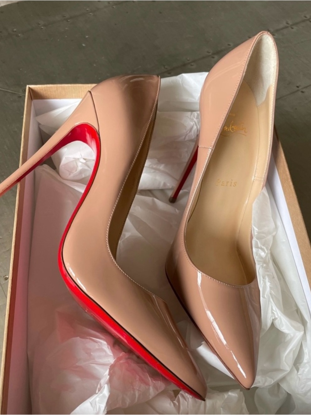 Christian Louboutin Nude Patent Pointed-Toe Stiletto Pumps with Red Soles